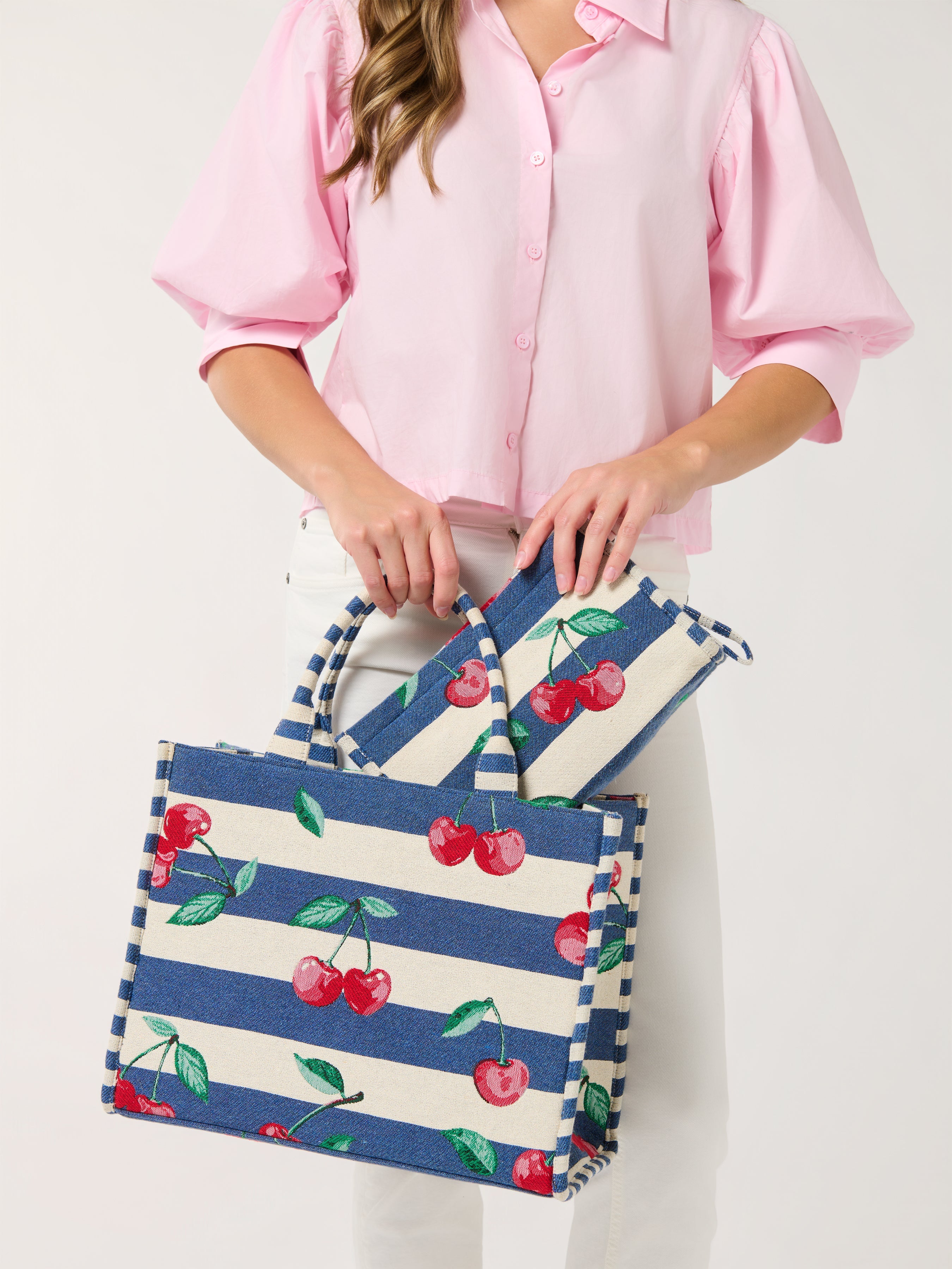 Cherry Stripe Jacquard Tote, Navy