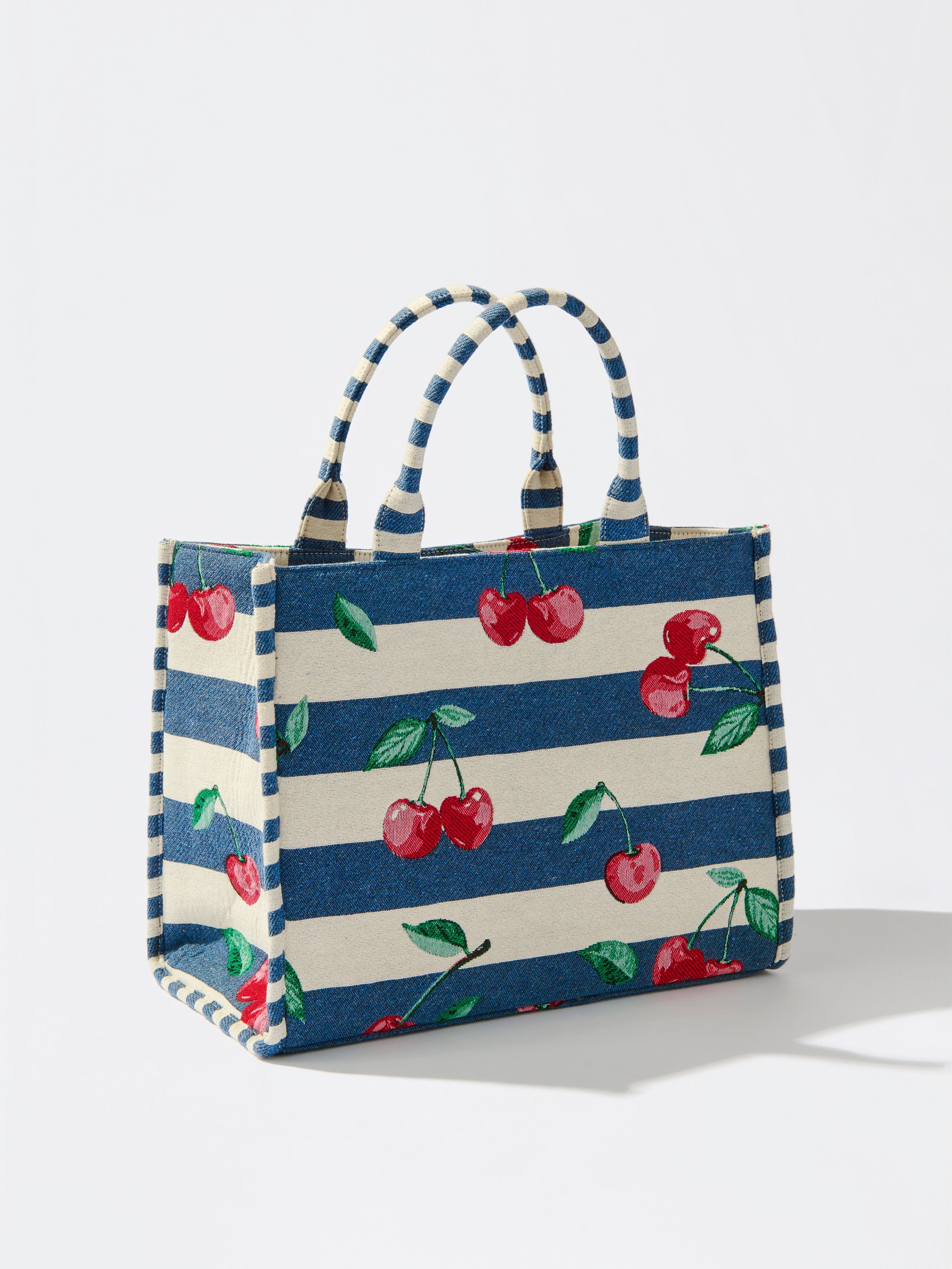 Cherry Stripe Jacquard Tote, Navy
