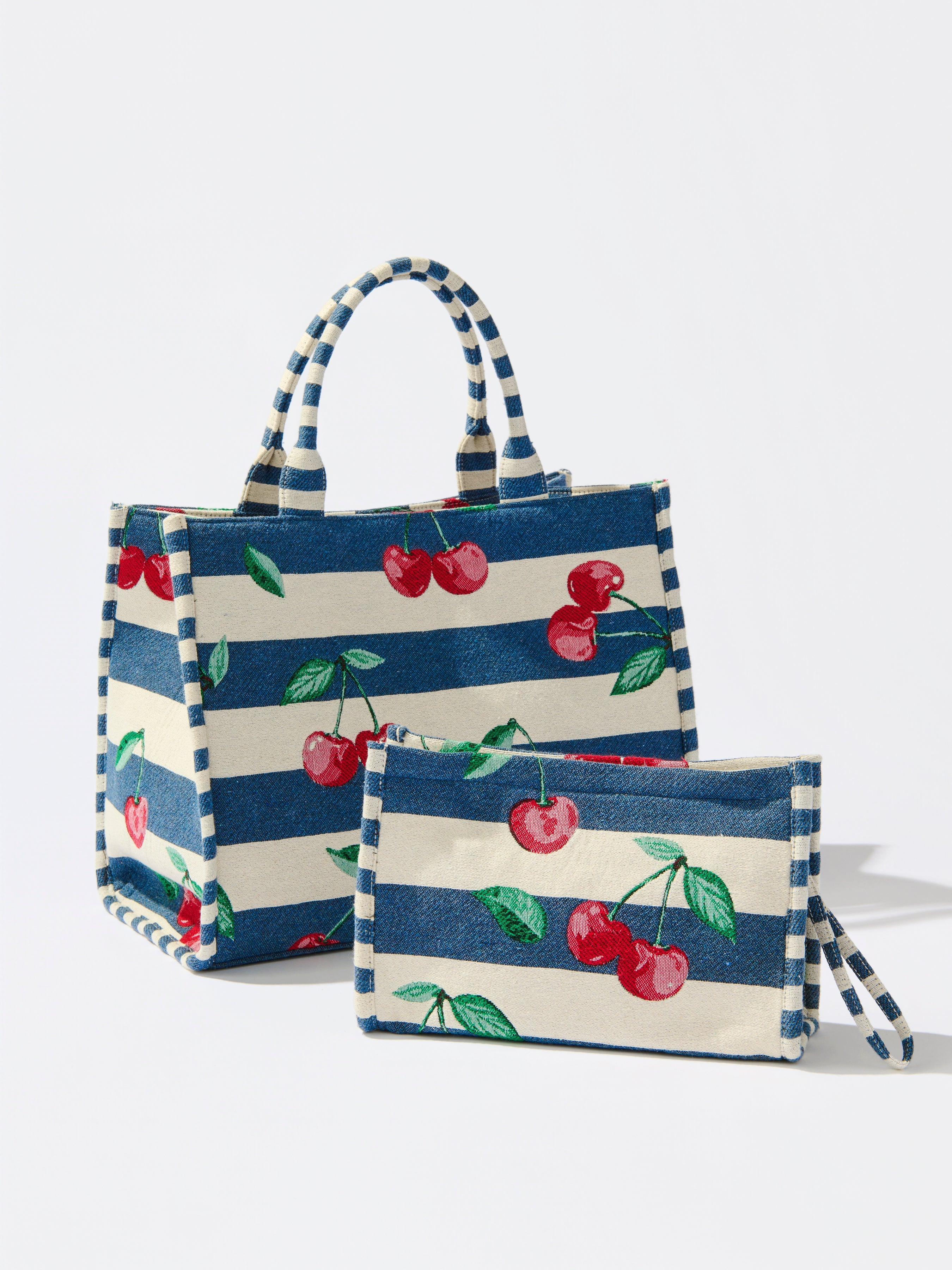 Cherry Stripe Jacquard Tote, Navy
