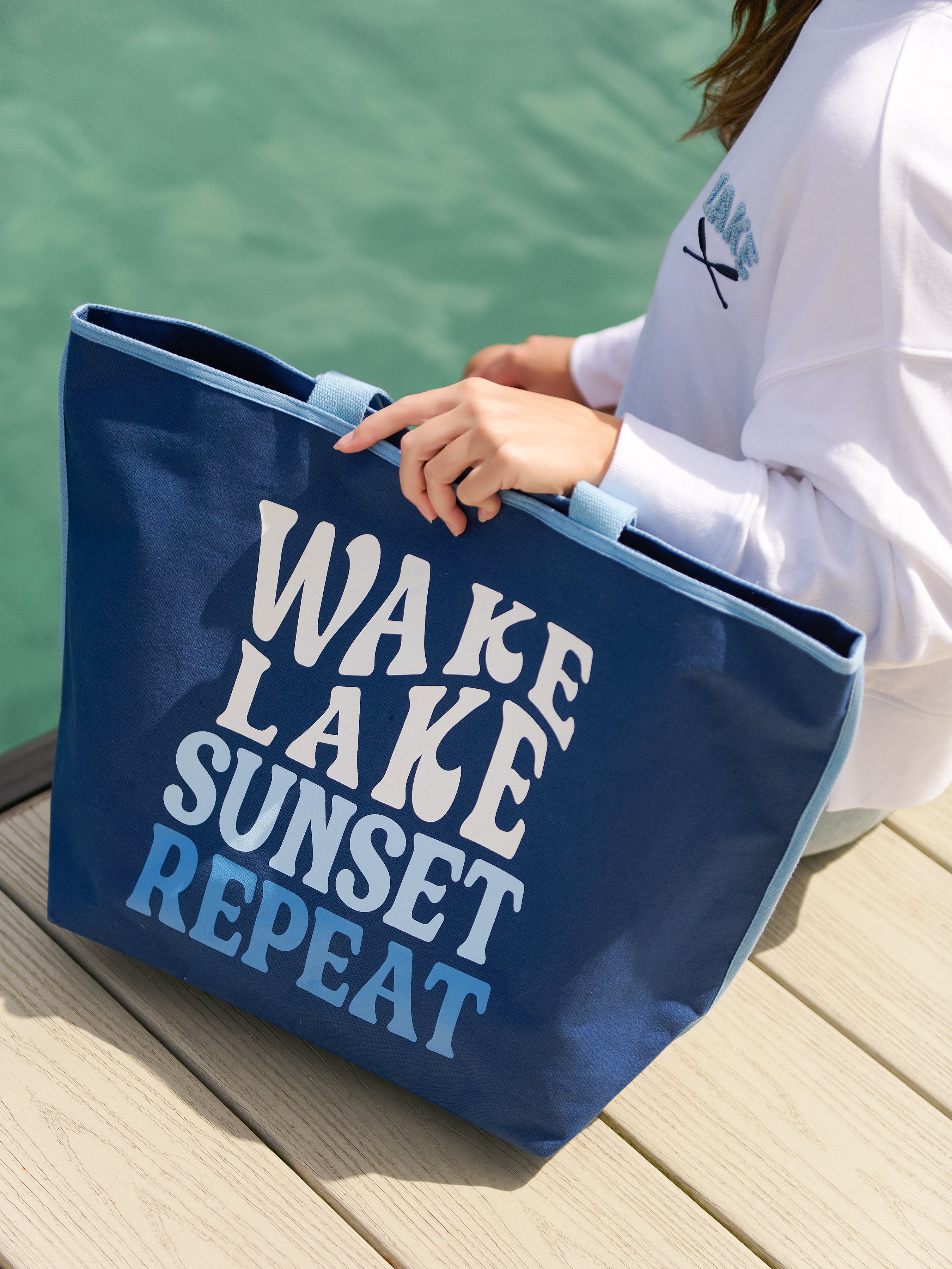 "Wake, Lake, Sunset, Repeat" Tote, Navy