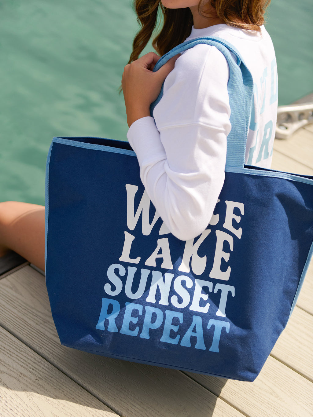 "Wake, Lake, Sunset, Repeat" Tote, Navy