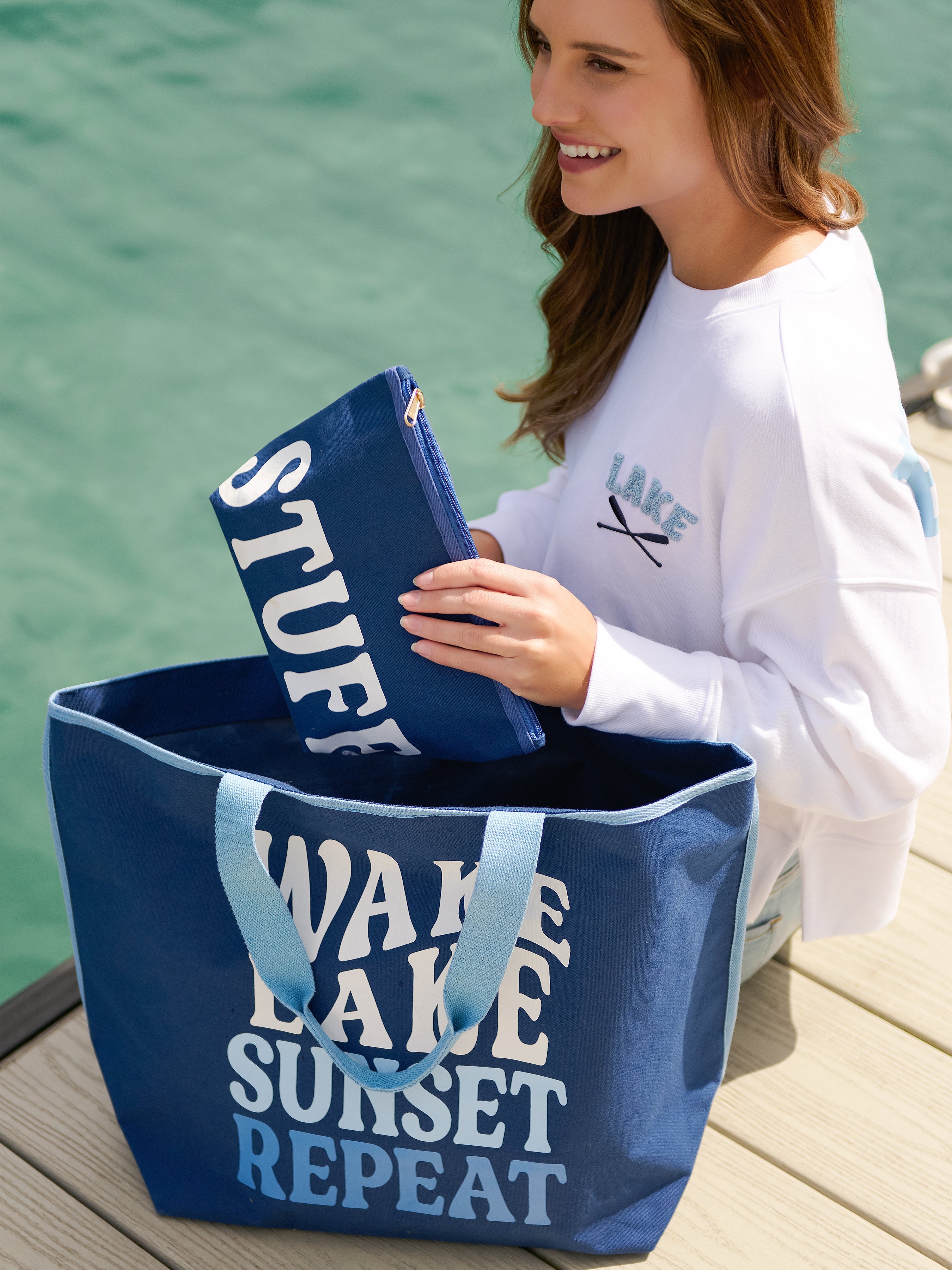 "Wake, Lake, Sunset, Repeat" Tote, Navy