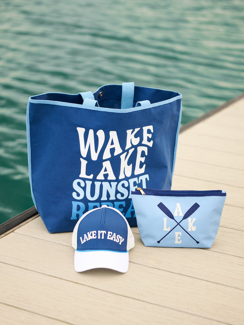 "Wake, Lake, Sunset, Repeat" Tote, Navy